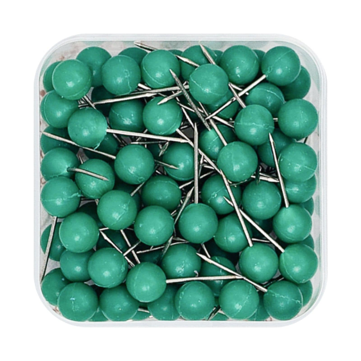 Green canvas push pins with silver needle points in a clear storage box