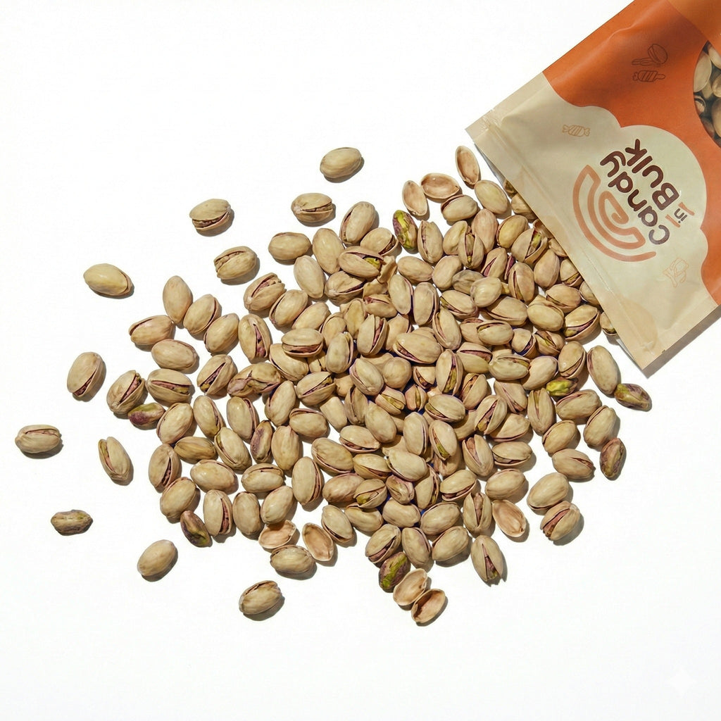 Bulk bag of roasted salted pistachios next to scattered nuts in half shells