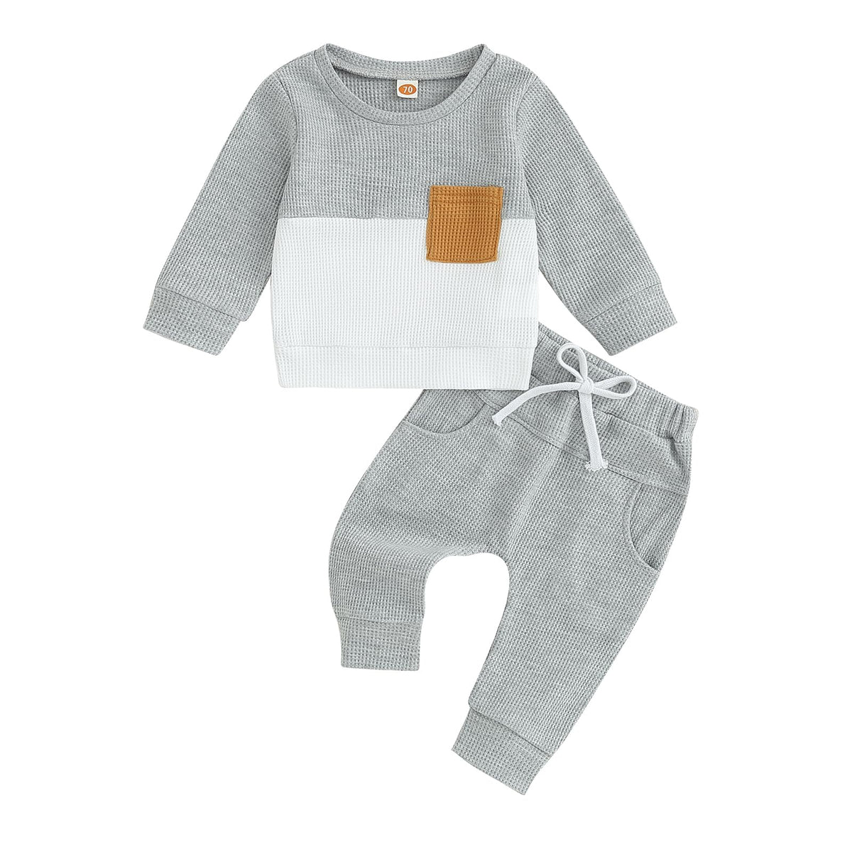 Newborn boys gray waffle-knit two-piece set: long-sleeve top with front pocket, drawstring pants
