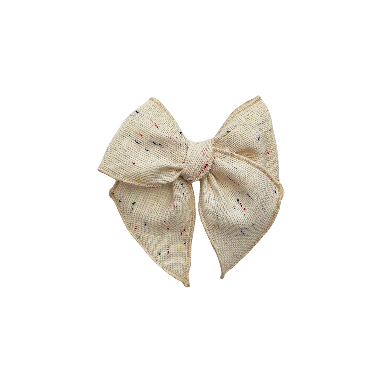 Cream linen hair bow with multicolor confetti speckles, symmetrical looped tails
