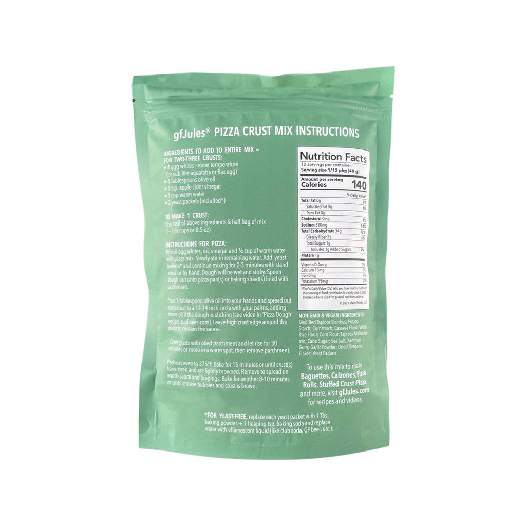 gfJules gluten-free pizza crust mix pouch back, green panel with ingredient and nutrition info