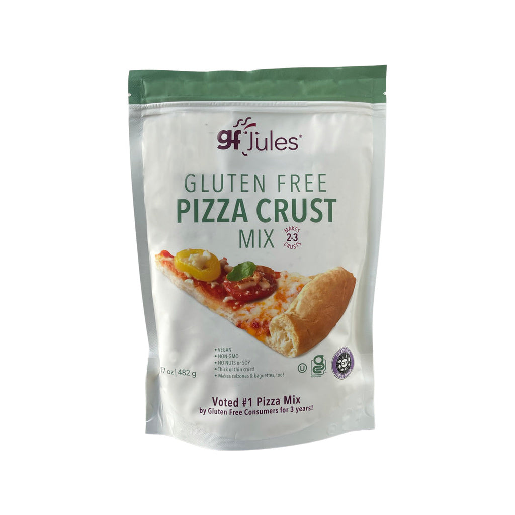 gfJules gluten-free pizza crust mix pouch, green-and-white with pizza image and text
