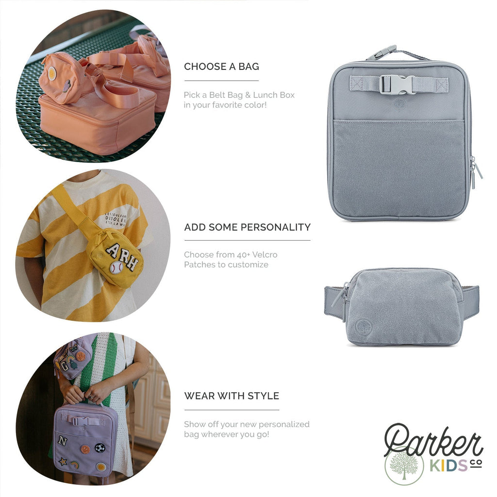 Kids lunch box bag in heather gray with strap, zipper, and patch customization