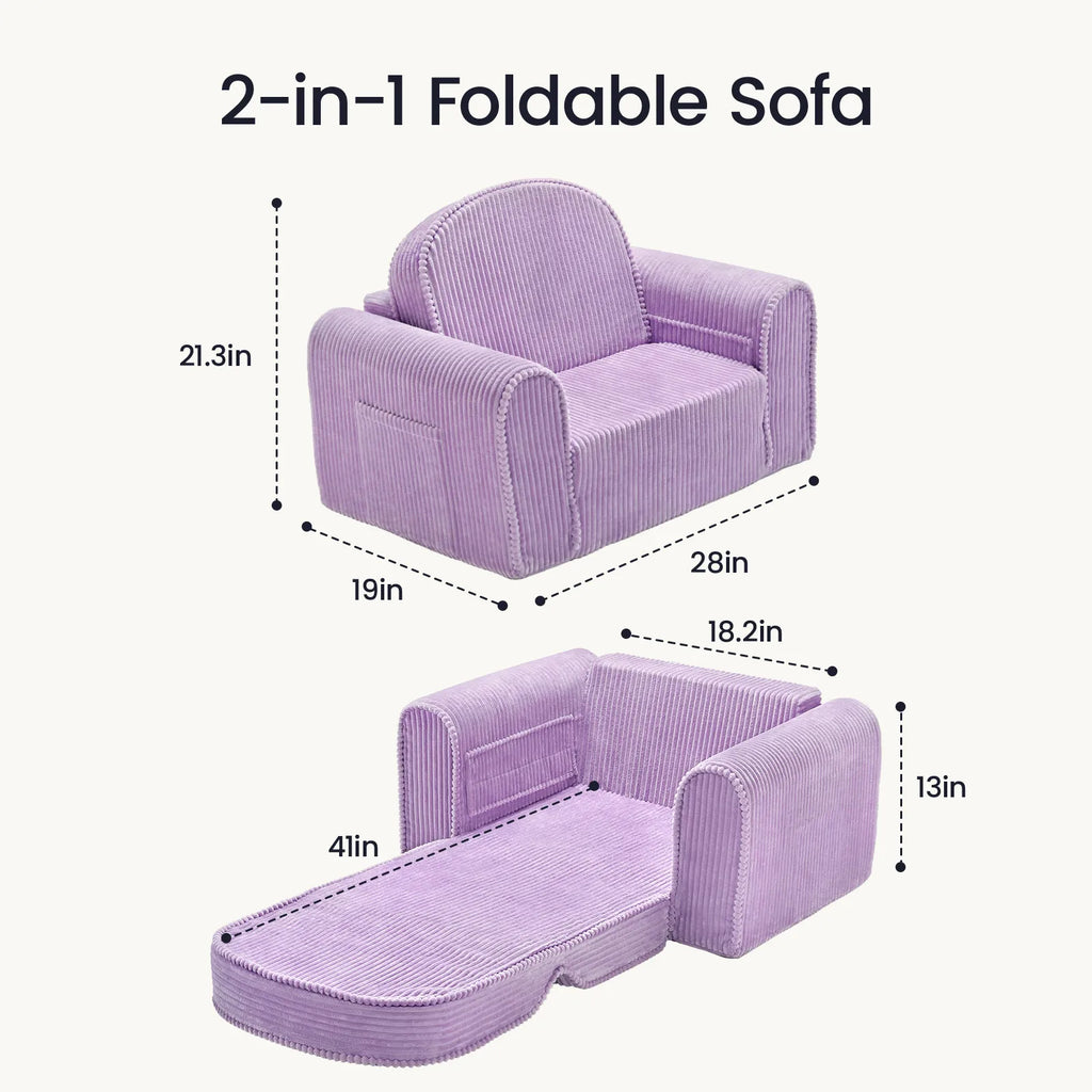 Purple corduroy kid chair, fold-out 2-in-1 sofa with armrests and backrest