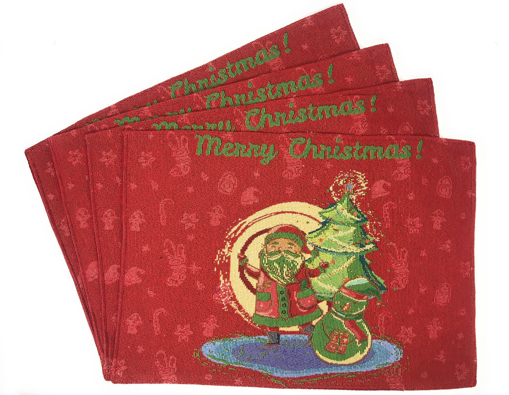 Stack of red Christmas tapestry placemats with Merry Christmas and Santa print