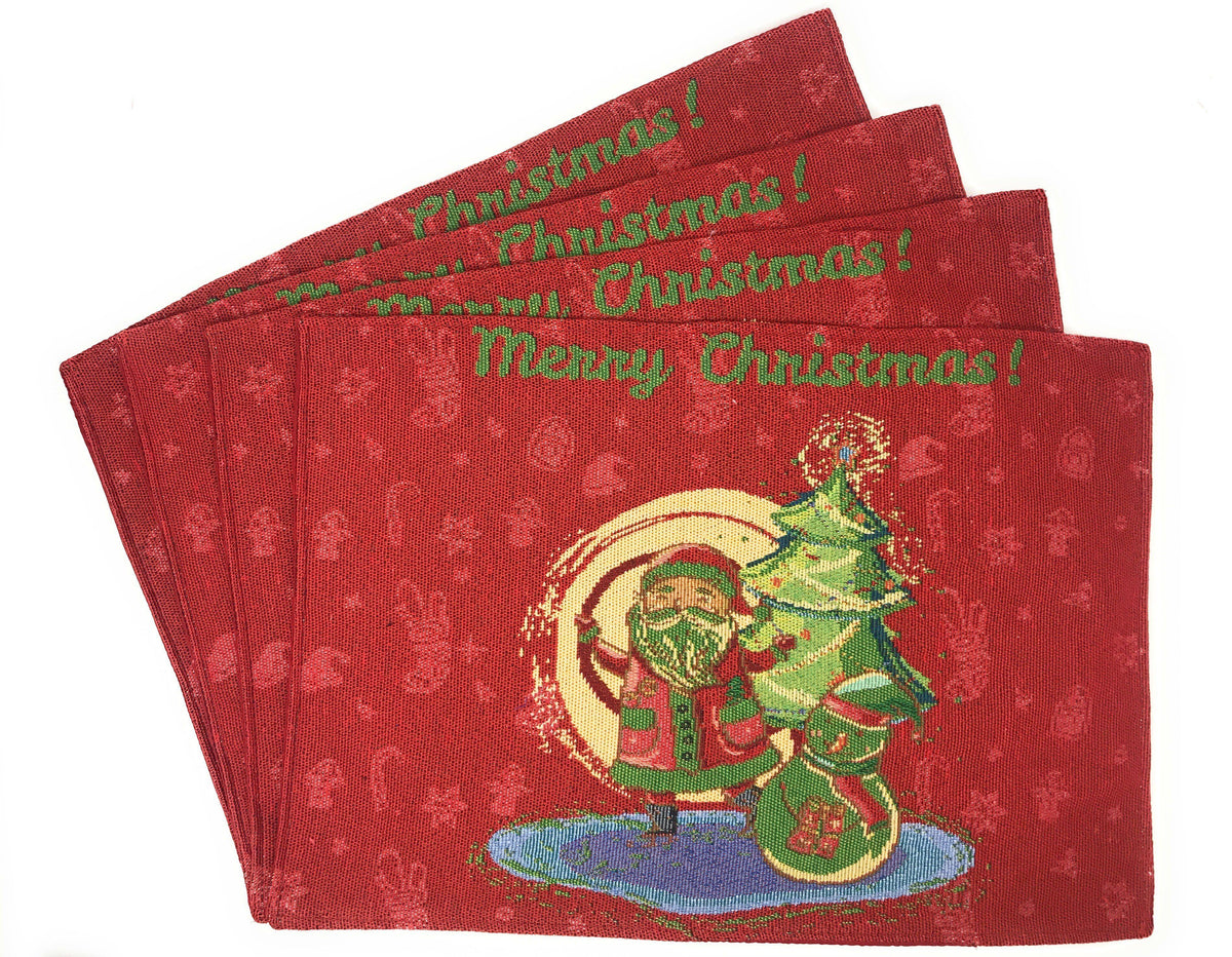 Stack of red Christmas tapestry placemats with Merry Christmas and Santa print