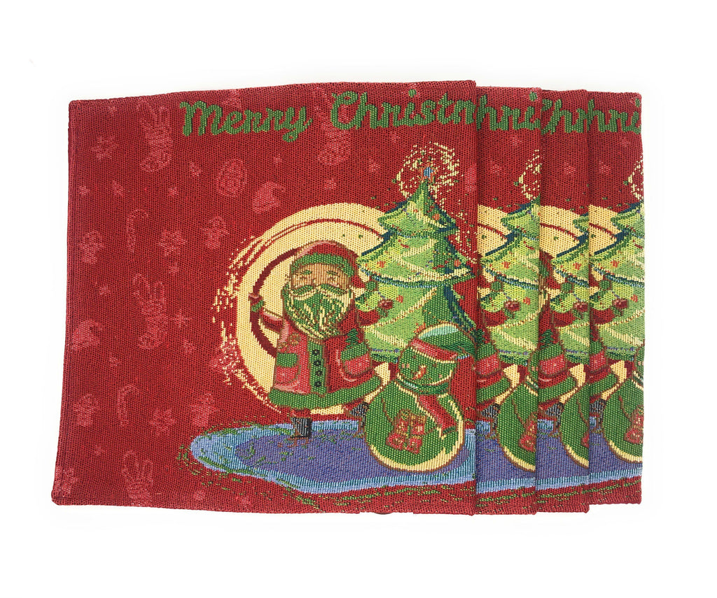 Red Christmas tapestry placemat with Merry Christmas title and Santa illustration
