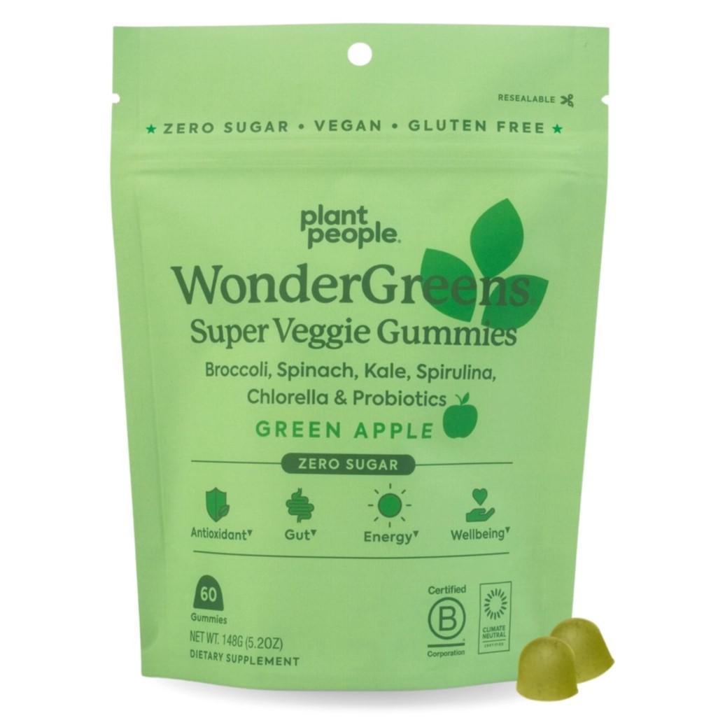 WonderGreens super veggie gummies pouch, green apple flavor; zero sugar, vegan, gluten free