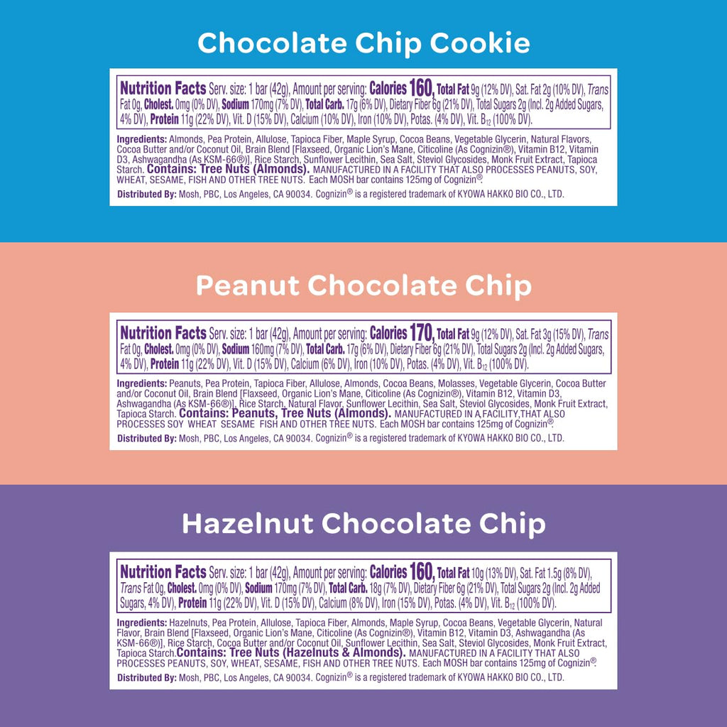 Nutrition facts labels for chocolate chip, peanut chocolate chip, and hazelnut chocolate chip bars