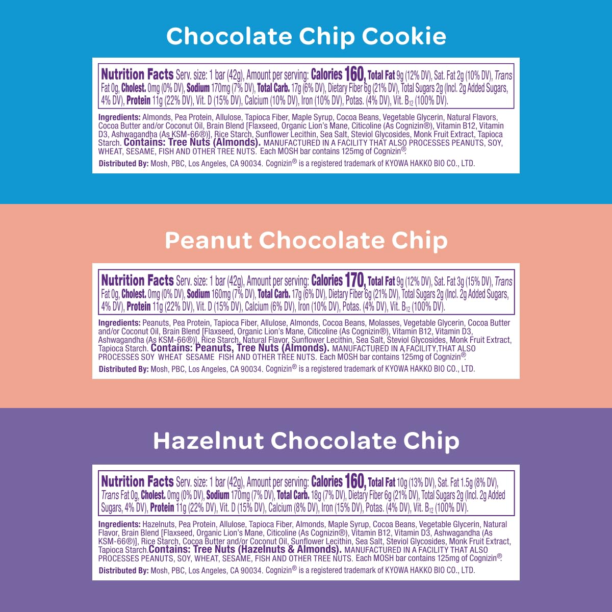 Nutrition facts labels for chocolate chip, peanut chocolate chip, and hazelnut chocolate chip bars