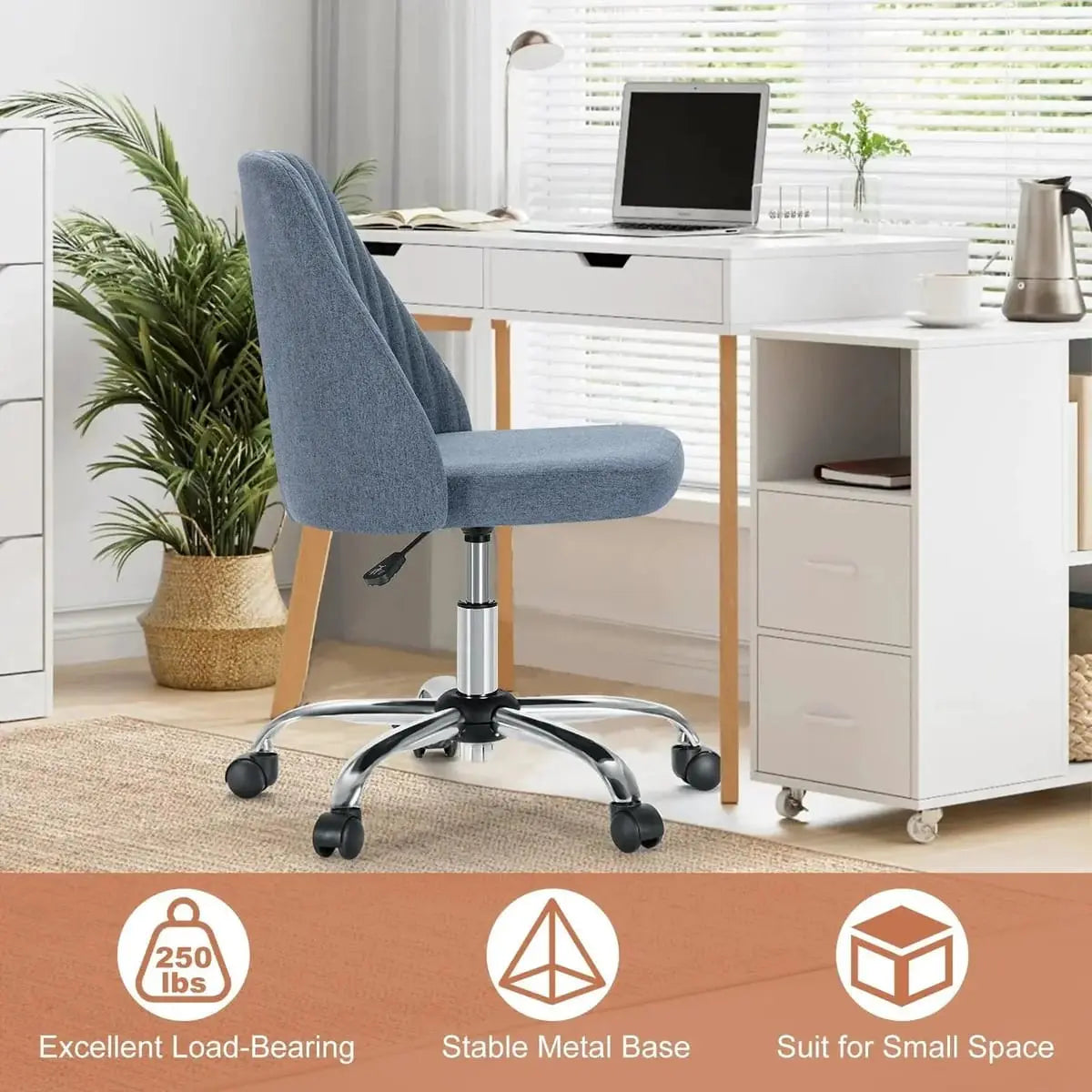 Blue armless fabric swivel office chair with wheels and padded seat back