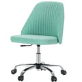 Green armless fabric swivel office chair with wheels and padded seat back
