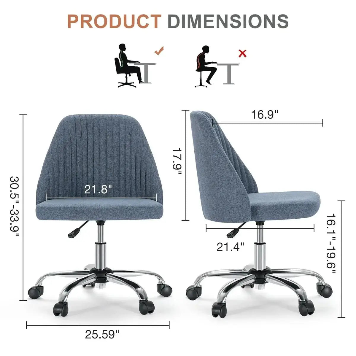 Blue armless fabric swivel office chair with wheels shown with product dimensions