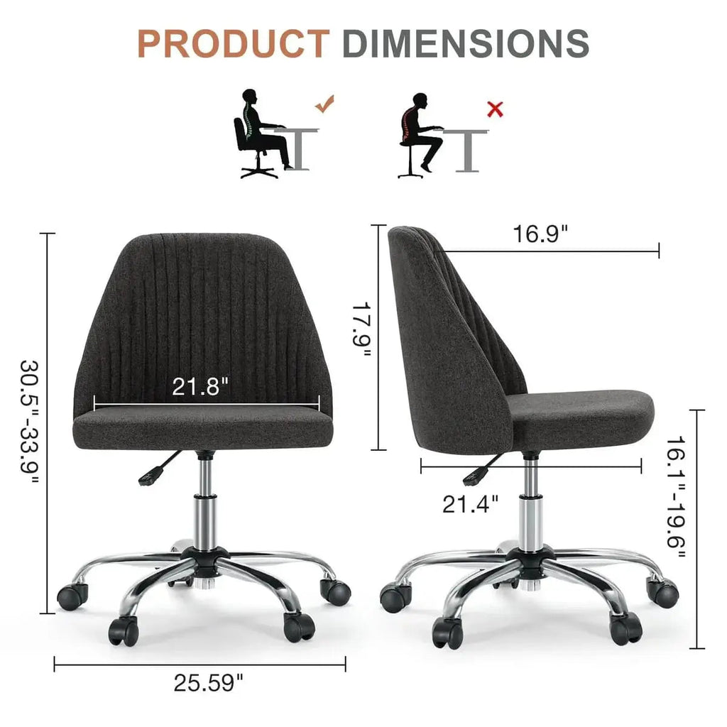Dark gray armless fabric swivel office chair with wheels shown with product dimensions