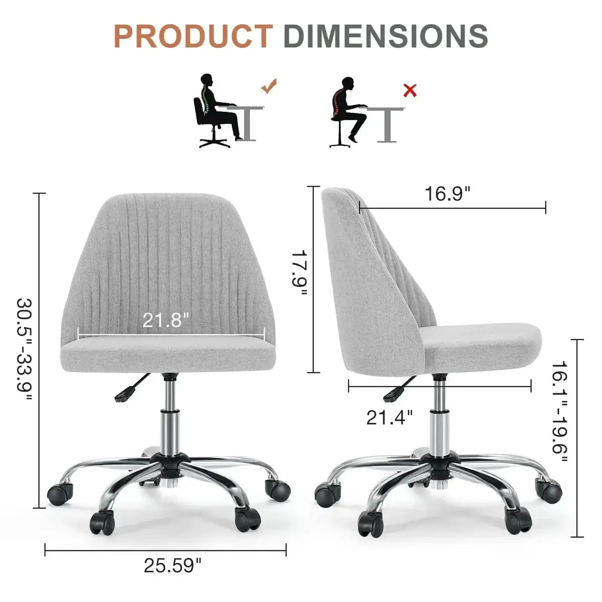 Light gray armless fabric swivel office chair with wheels shown with product dimensions