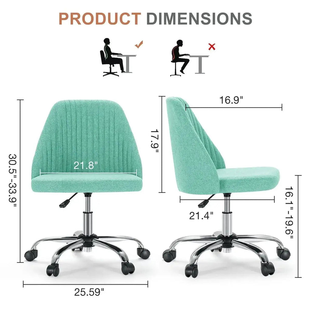 Green armless fabric swivel office chair with wheels, rounded back and seat.