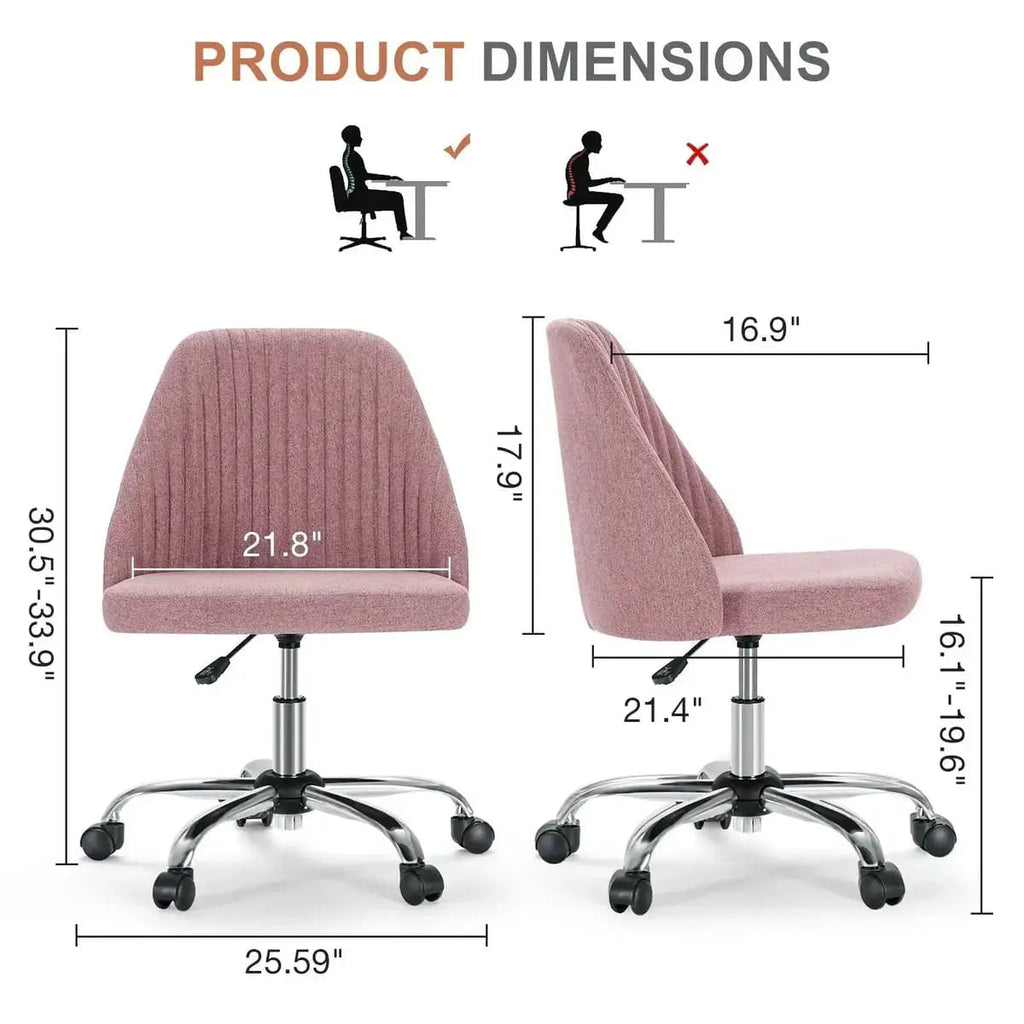 Pink armless fabric swivel office chair with wheels, rounded back and seat.