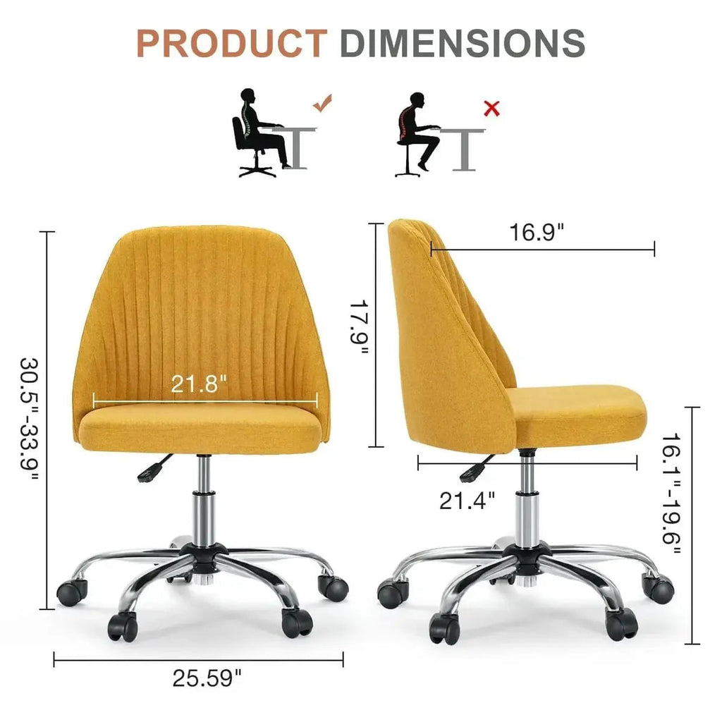 Yellow armless fabric swivel office chair with wheels, rounded back and seat.