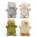 Plush bean bag stuffed animals set: gray cat, cream lamb, olive duck, white frog