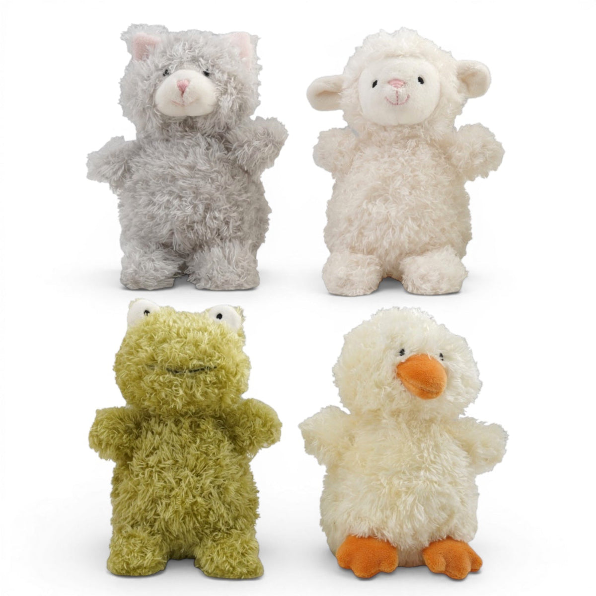 Plush bean bag stuffed animals set: gray cat, cream lamb, olive duck, white frog