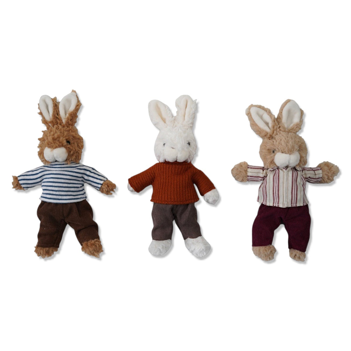 Plush bunny toy set of 3: striped blue outfit, orange sweater outfit, striped red outfit.
