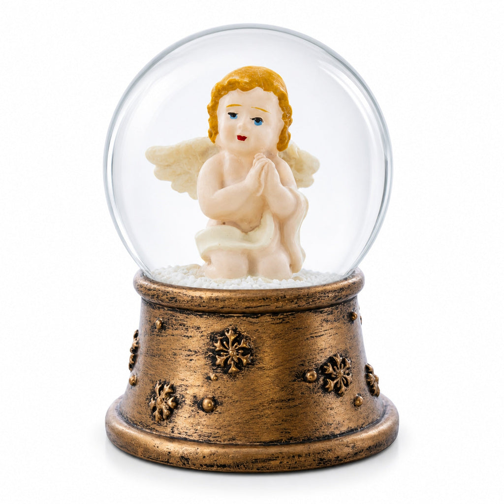 Mini water snow globe with seated angel figurine inside clear sphere on bronze base