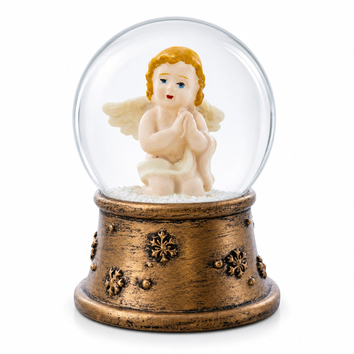 Mini water snow globe with seated angel figurine inside clear sphere on bronze base