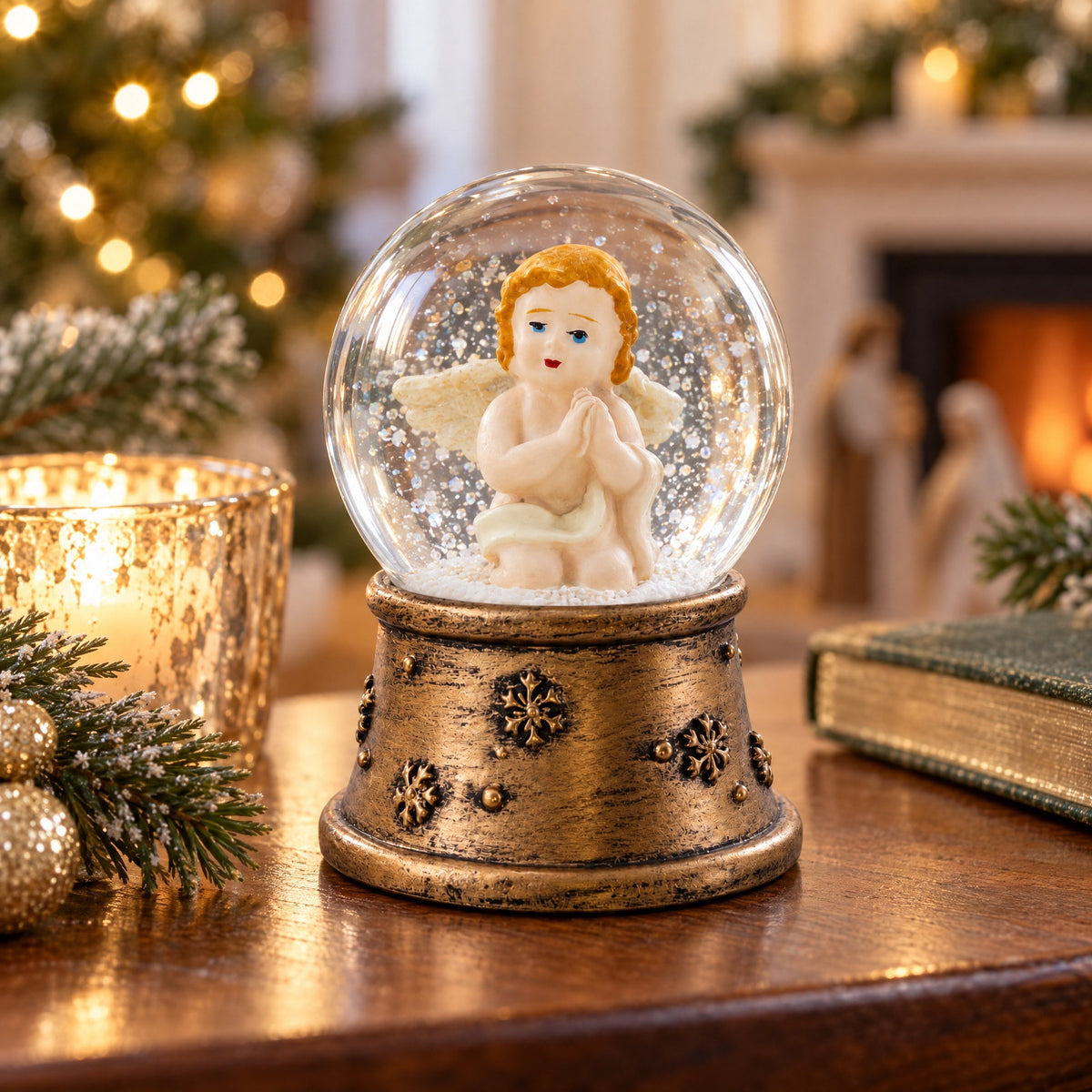 Water snow globe with seated angel in clear sphere and bronze resin base, glitter inside