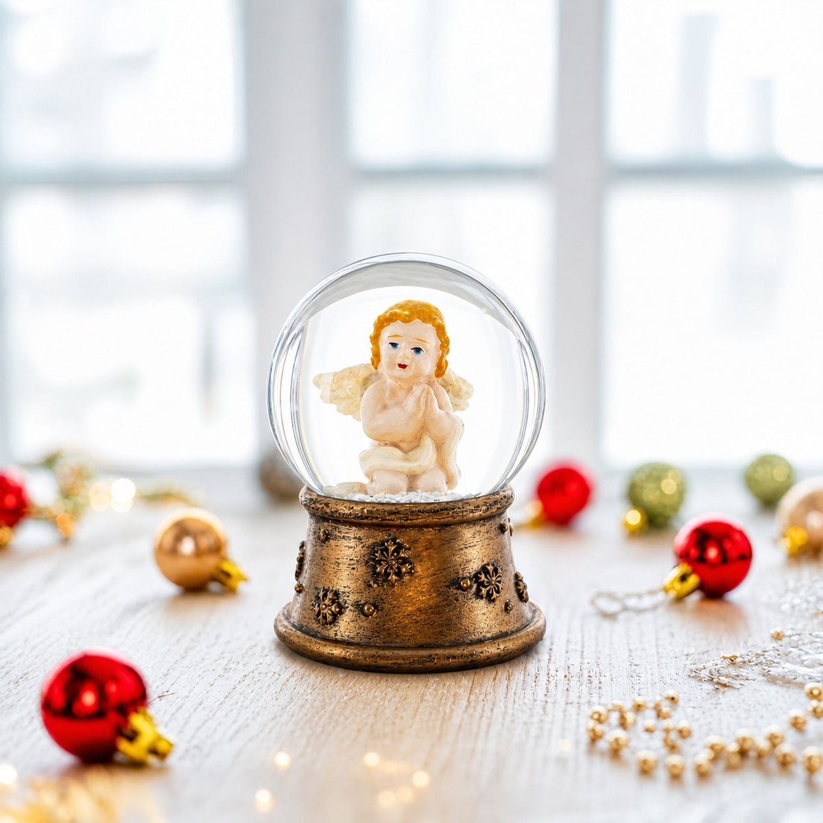Mini water snow globe on tabletop with angel figure, bronze base, scattered glitter