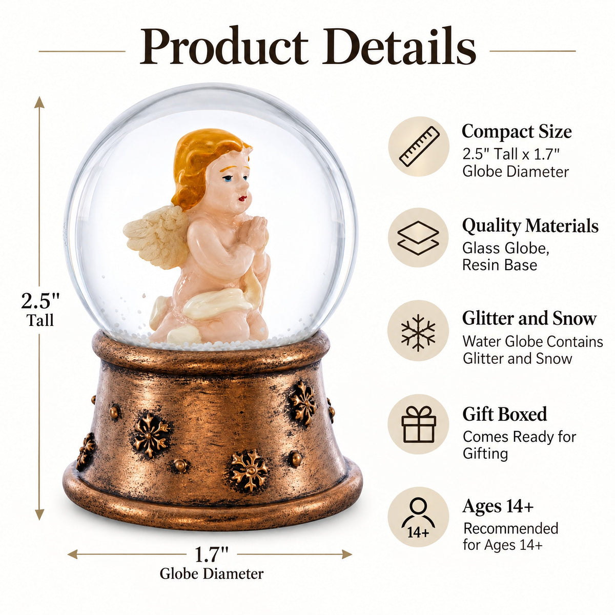 Angel mini water snow globe, 2.5-in size, clear globe, bronze base, gift boxed