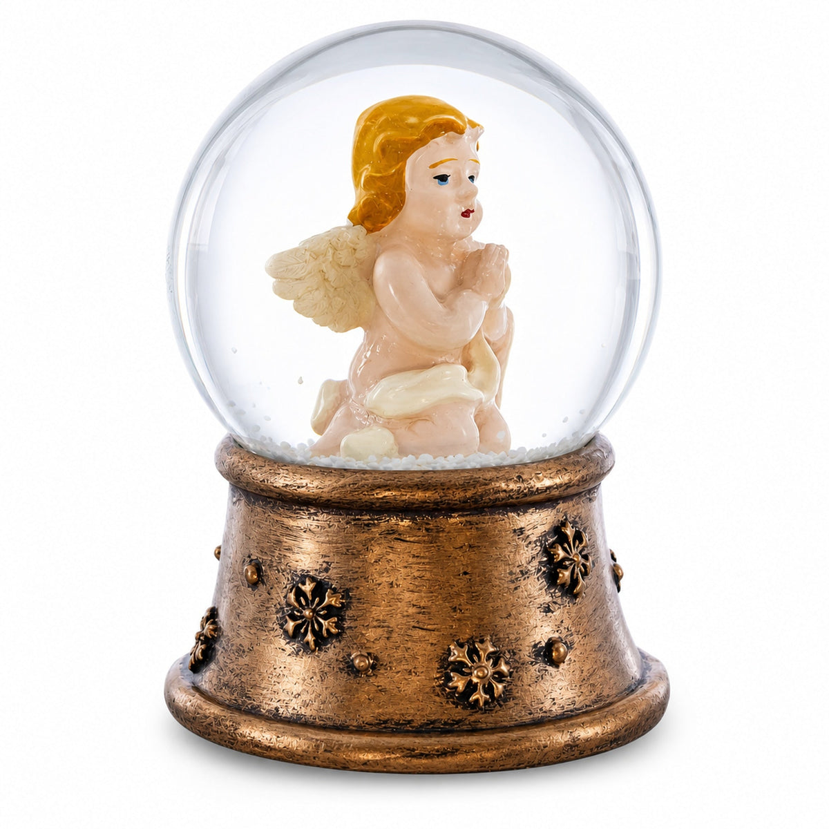 Side view of mini water snow globe with angel holding hands together in clear sphere