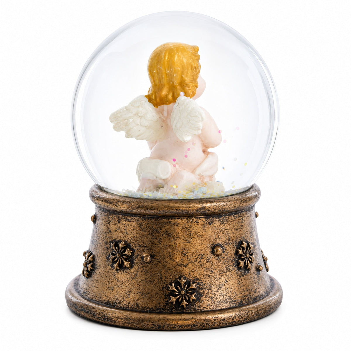 Back view of mini water snow globe with seated angel figure on bronze base