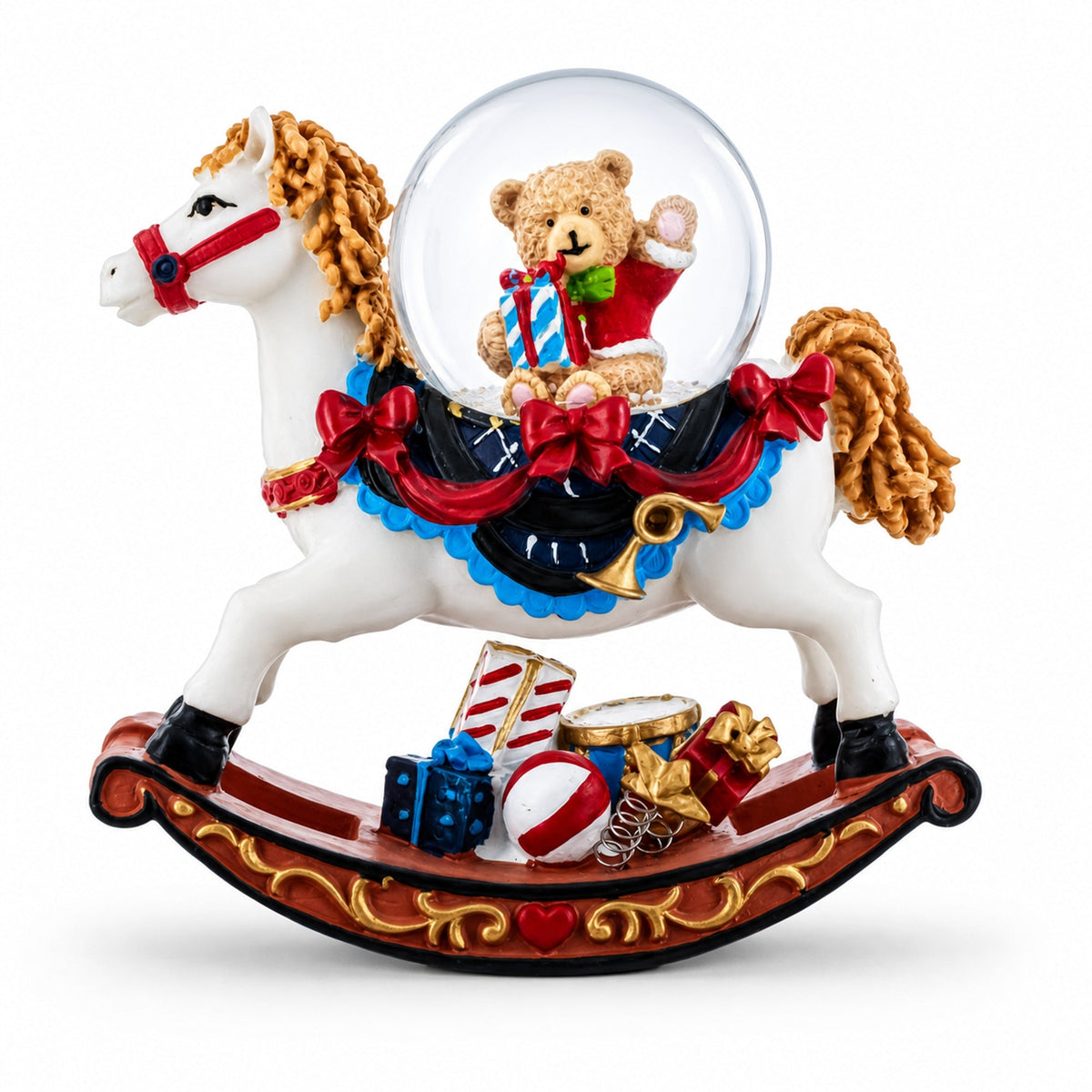 Rocking horse water snow globe with teddy bear and Christmas presents inside