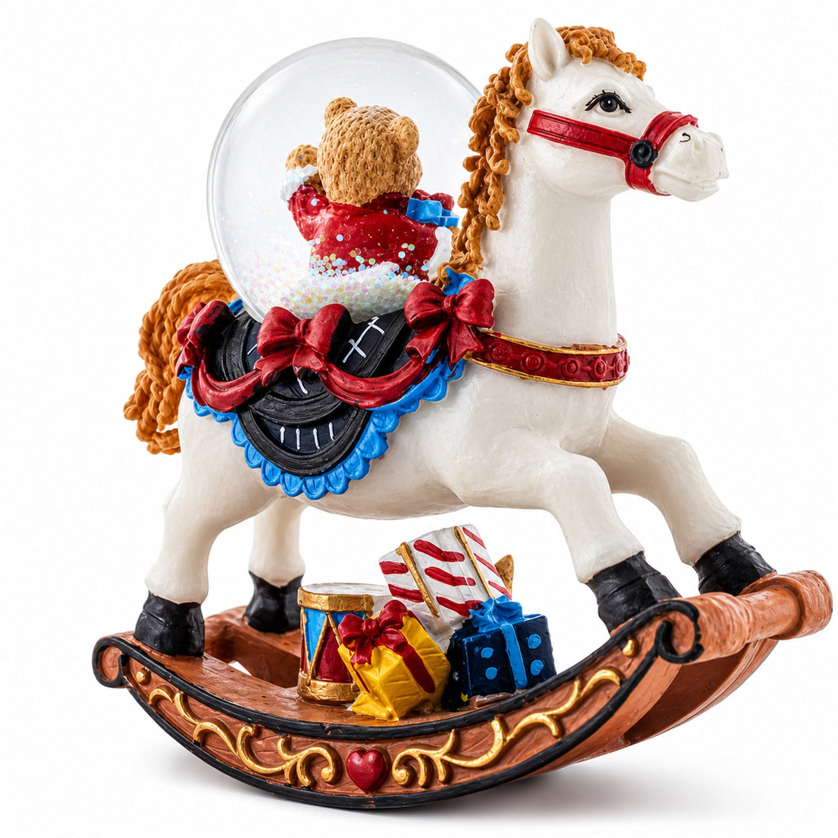 Side view: rocking horse water snow globe with teddy bear, red bow, gift details