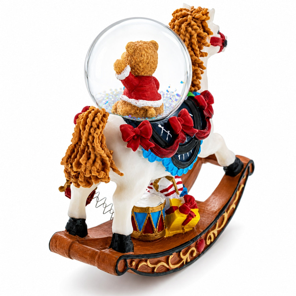 Back view rocking horse snow globe with teddy bear wearing red scarf and gifts