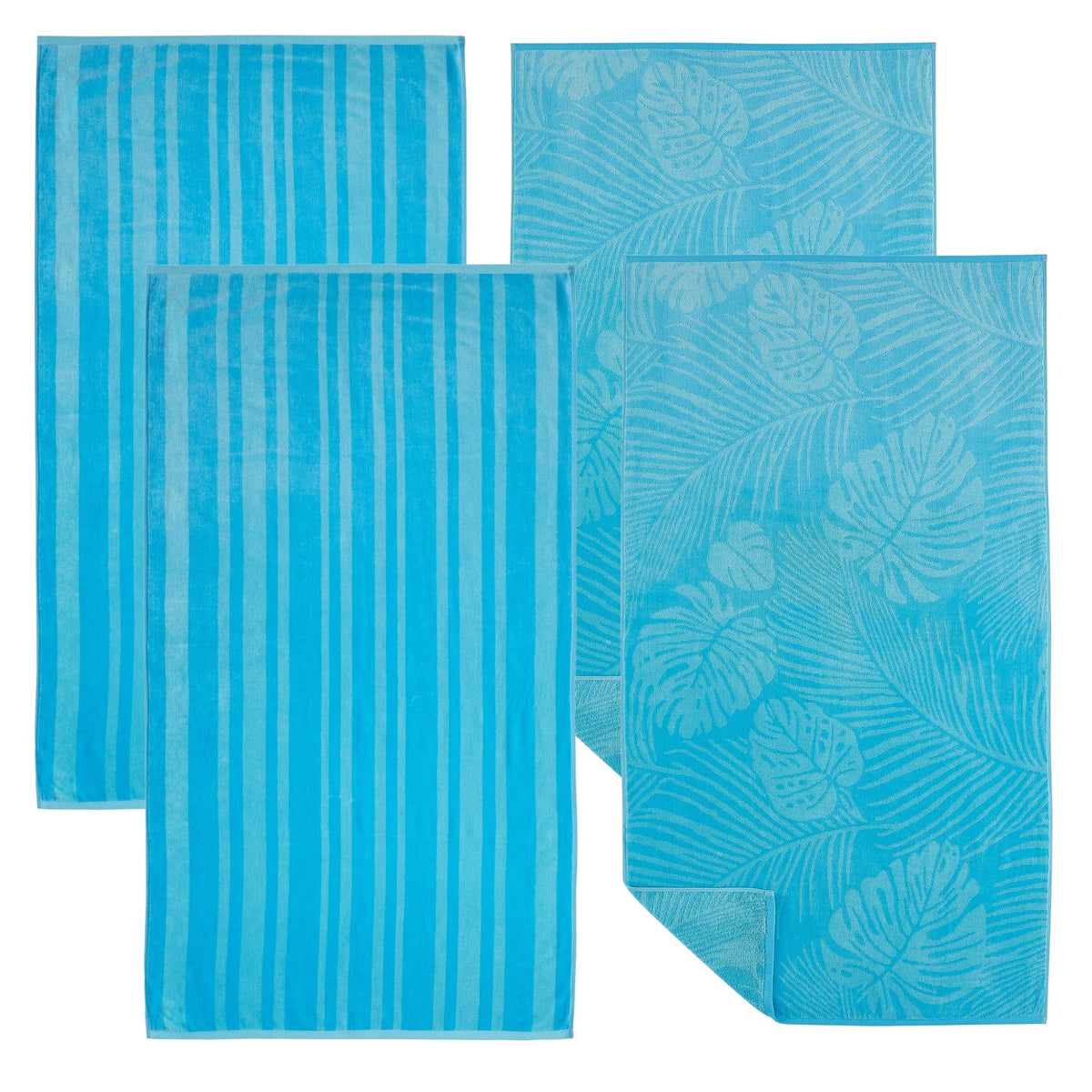 Blue cotton velour beach towel set with stripes and tropical leaf/foliage print.