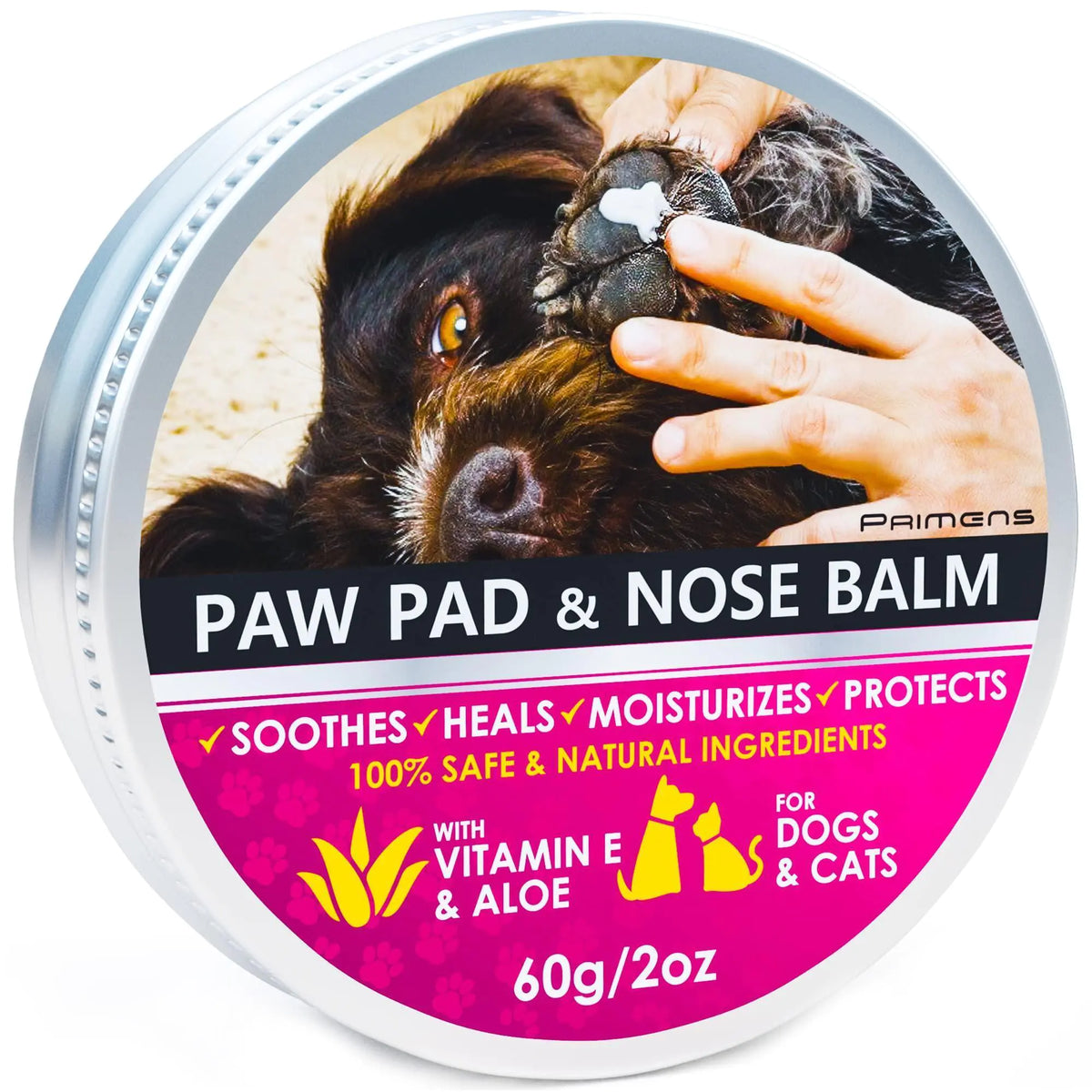 Round dog paw pad and nose balm jar with vitamin E and aloe label, 60g/2oz.