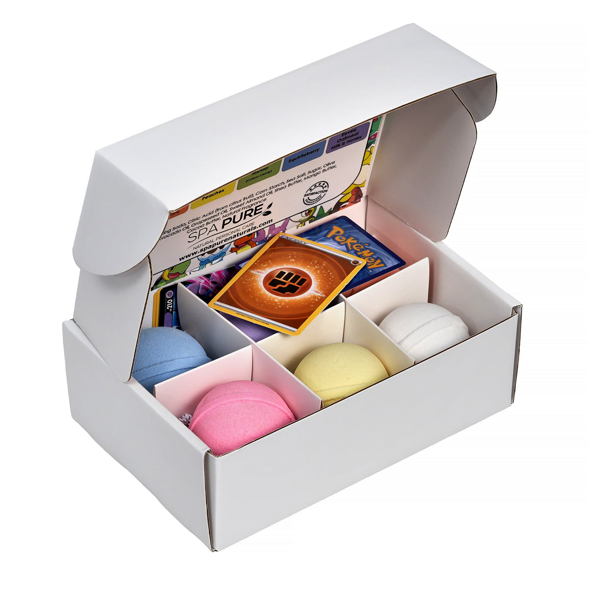 Open Poke-Bombs SPA PURE box showing 6 colorful bath bombs and surprise toys