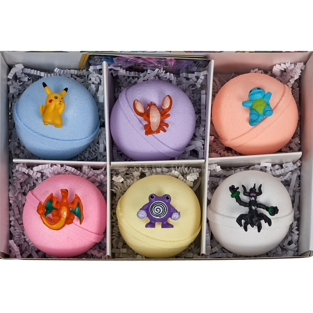 Box of 6 colorful bath bombs with surprise character toys, assorted colors shown