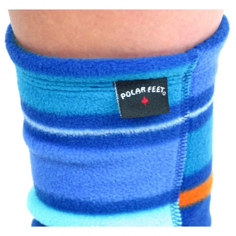 Blue fleece socks with striped rib cuff and Polar Feet logo patch