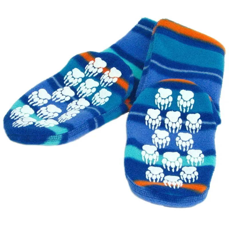 Blue fleece socks with white paw prints on foot and teal/orange stripe sections
