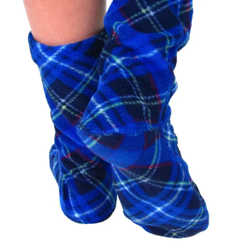Blue plaid fleece crew socks with argyle pattern, close-up on cuff.