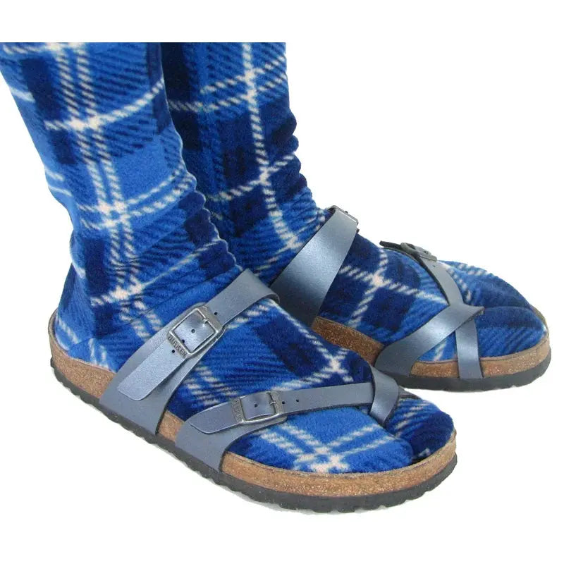 Blue plaid tabi fleece socks over sandals, featuring split toes and fleece texture