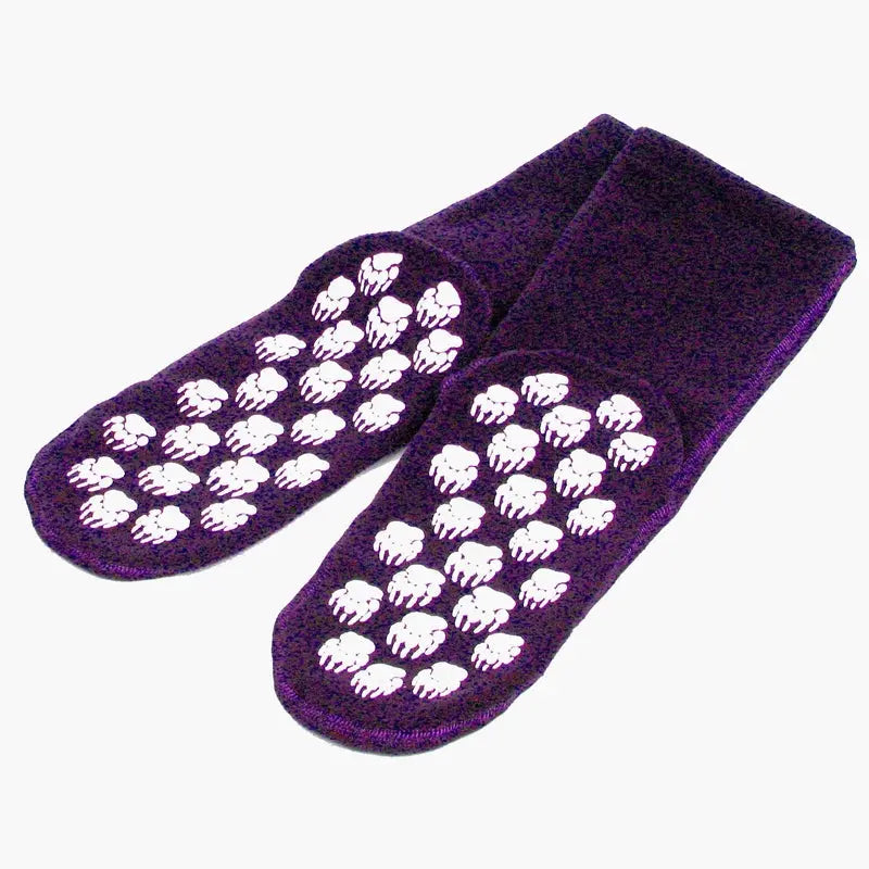 Purple fleece crew socks with white skull pattern, pair