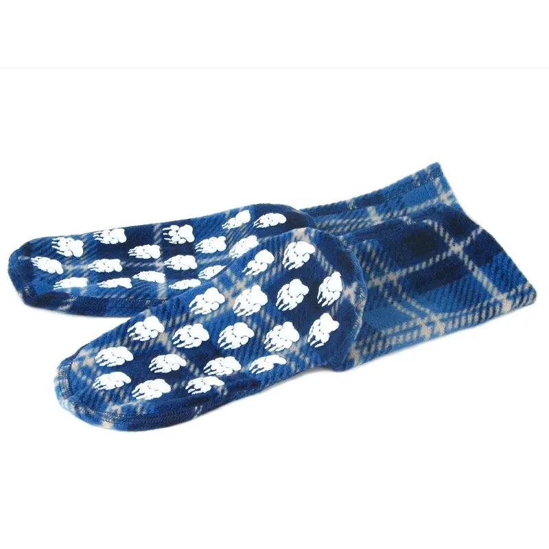 Non-slip fleece socks with blue plaid and paw print accents.