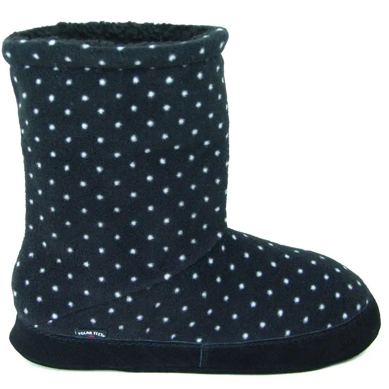 Women's dot-pattern fleece boot slipper with short shaft and stitched dark sole