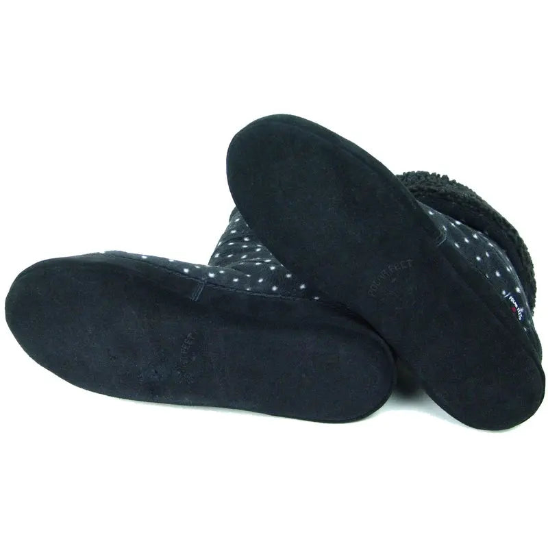 Women's fleece boot slippers shown with underside, dark with white dot uppers