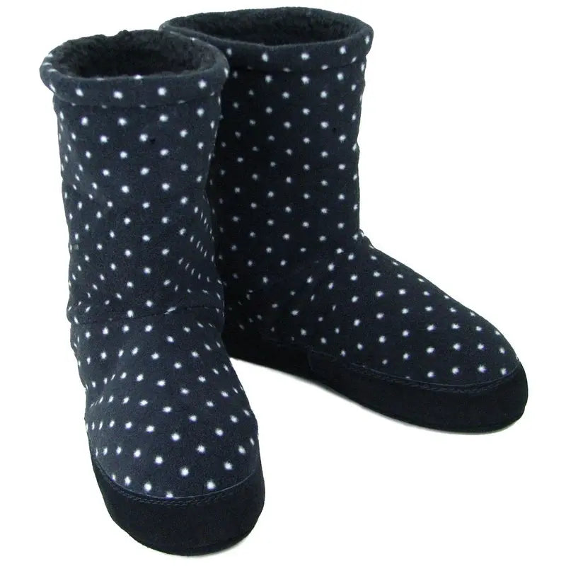 Women's fleece boot slippers, dark with small white dot print and rounded sole