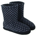 Women's dot-pattern fleece boot slippers with dark cuffs and cushioned soles