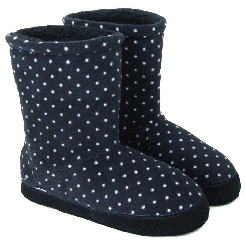 Women's dot-pattern fleece boot slippers with dark cuffs and cushioned soles